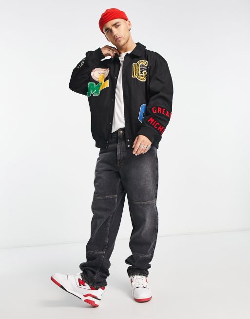 ASOS DESIGN - Oversized varsity jack in zwart met badges, 4 van 4
