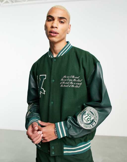 ASOS DESIGN - Oversized varsity jack met contrasterende mouwen van echt leer in groen