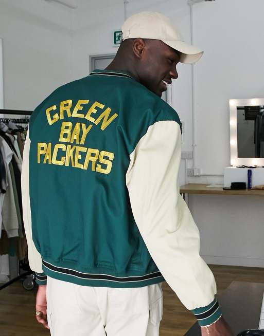 ASOS DESIGN - Oversized varsity jack met Packers-print in groen