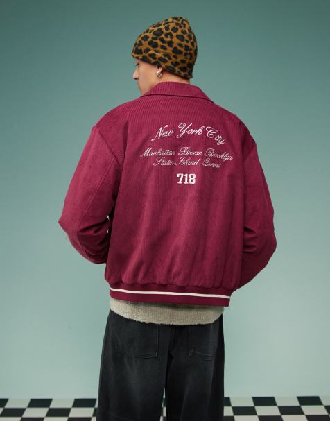 ASOS DESIGN - Oversized varsity jack van corduroy in bordeauxrood - view 1