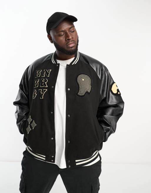 ASOS DESIGN varsity jacket in black with faux leather sleeves