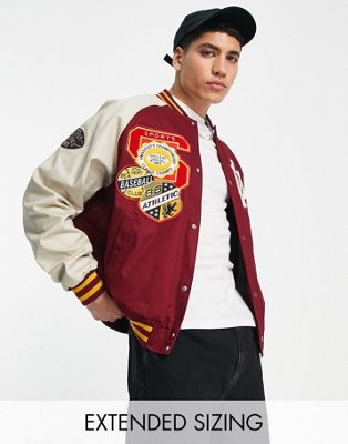 ASOS DESIGN oversized varsity jacket in red with badging and contrast sleeves - ASOS Price Checker