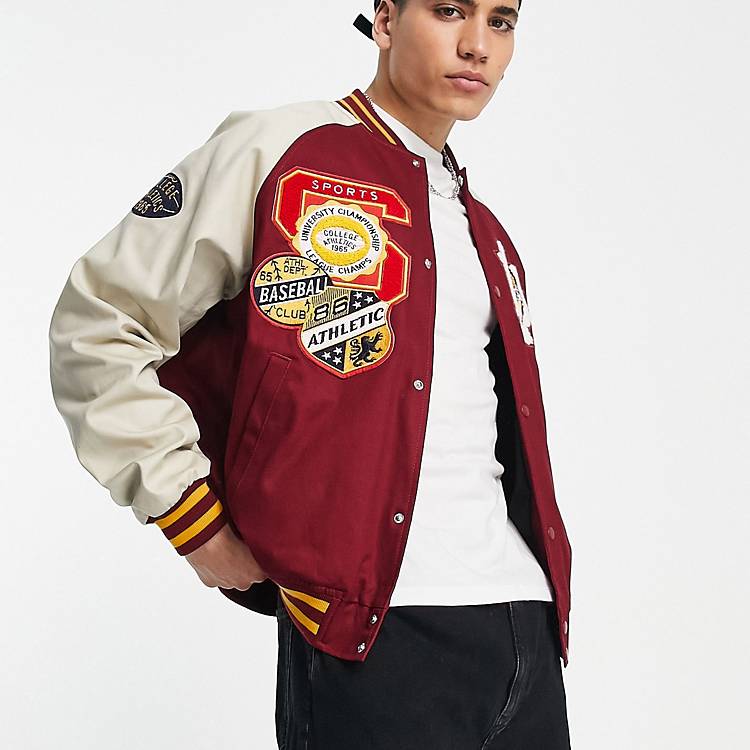 beef Monograph width ASOS DESIGN oversized varsity jacket in red with badging and contrast  sleeves | ASOS