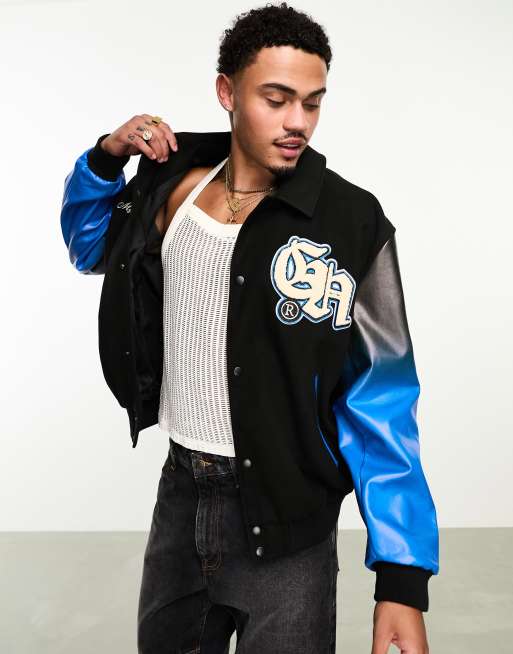 ASOS DESIGN oversized varsity jacket with real leather sleeves in green