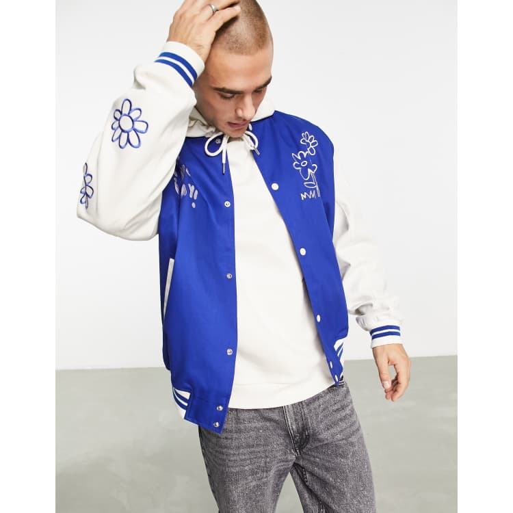 ASOS DESIGN oversized varsity jacket in red with badging and contrast  sleeves