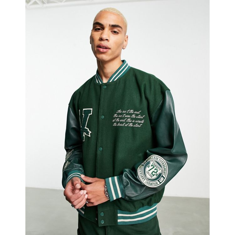 ASOS DESIGN oversized varsity jacket with real leather sleeves in green