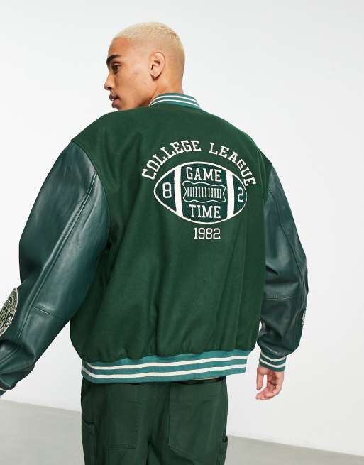 ASOS DESIGN real leather varsity bomber jacket in green