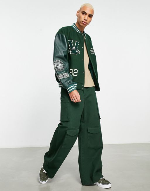 ASOS DESIGN real leather varsity bomber jacket in green