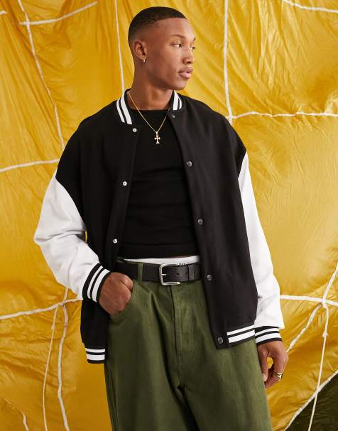 ASOS DESIGN real leather varsity bomber jacket in green