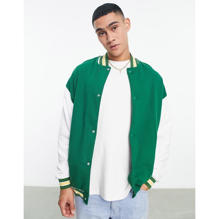 ASOS DESIGN oversized varsity bomber jacket in green and ecru cotton