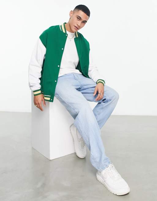 ASOS DESIGN oversized varsity jersey jacket in sherpa with badging