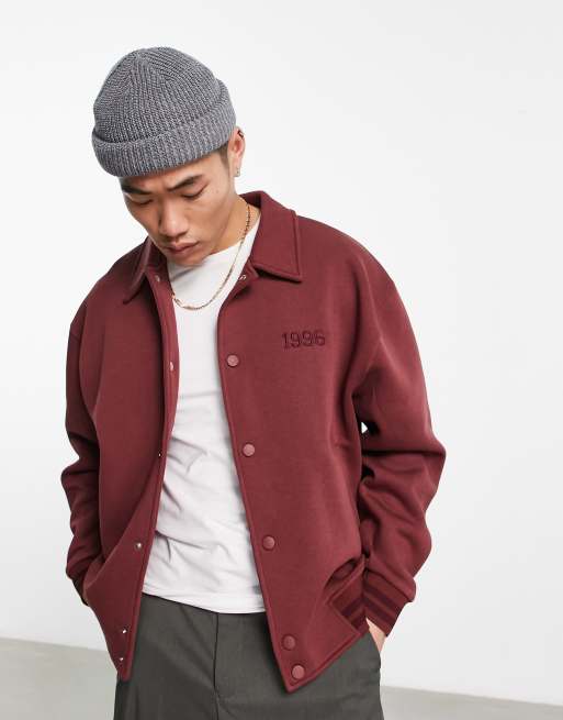 ASOS DESIGN oversized baseball jersey shirt in burgundy