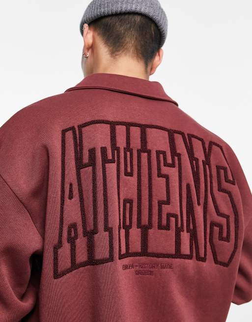 ASOS DESIGN oversized varsity jersey jacket in maroon with back boucle  embroidery