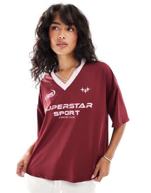 ASOS DESIGN oversized varsity shirt with sports graphic in burgundy, 2 of 4