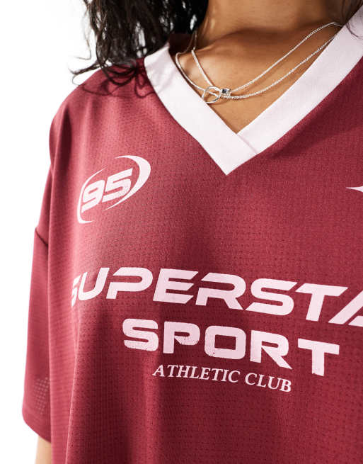ASOS DESIGN oversized varsity shirt with sports graphic in burgundy, 3 of 4