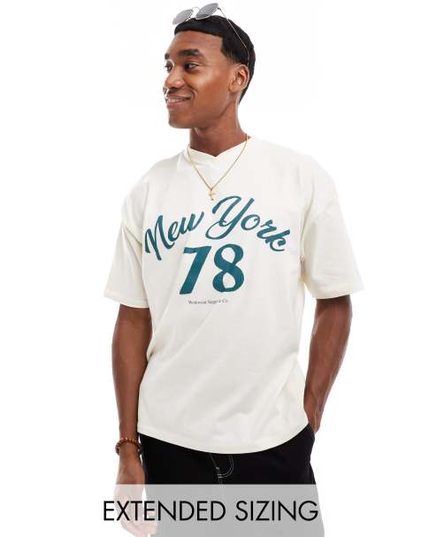 ASOS DESIGN oversized varsity t-shirt in off white with New York front print - view 1