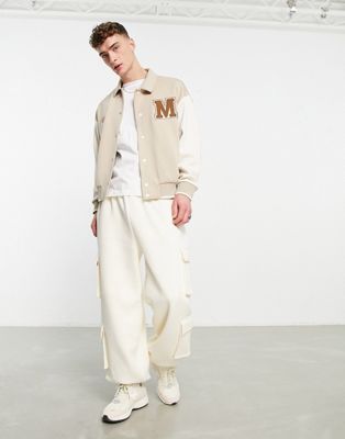 ASOS DESIGN oversized varsity track jacket in beige scuba with boucle patch - ASOS Price Checker
