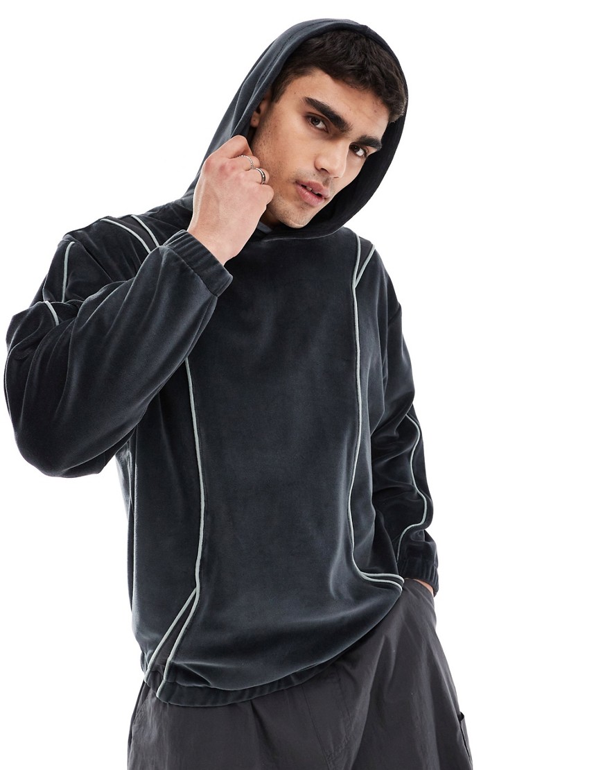 ASOS DESIGN oversized velour hoodie in dark grey with contrast seam detail
