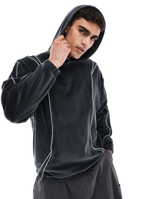 FhyzicsShops DESIGN oversized velour hoodie in dark grey with contrast seam detail