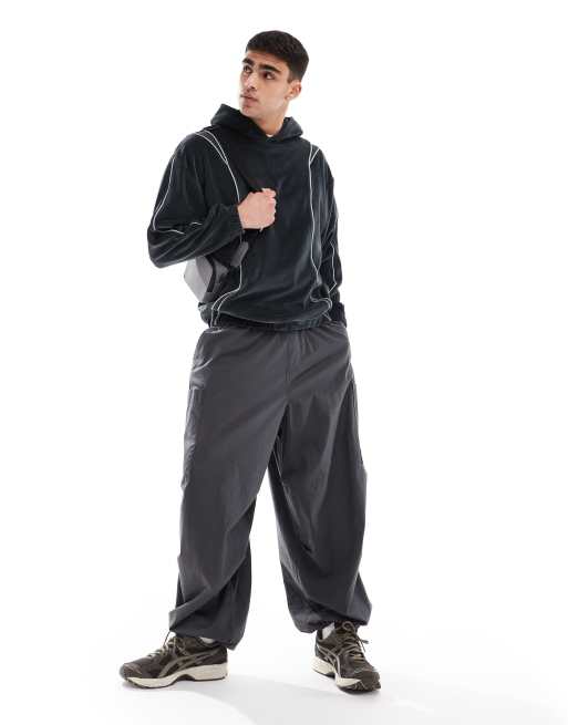 ASOS DESIGN oversized velour hoodie in dark grey with contrast seam detail, 2 of 4
