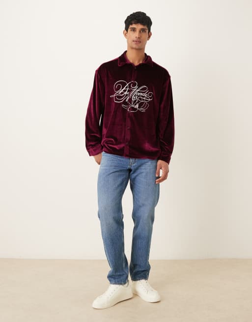 ASOS DESIGN oversized velour shirt with embroidery in burgundy, 2 of 5