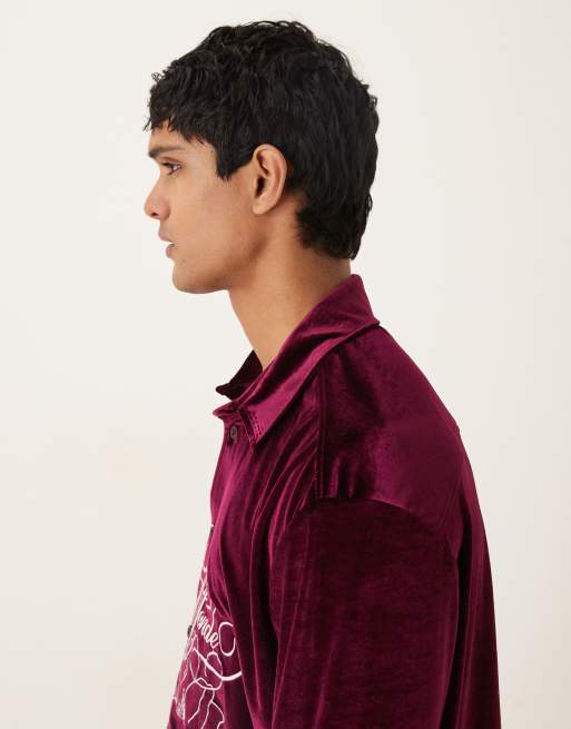 ASOS DESIGN oversized velour shirt with embroidery in burgundy, 4 of 5