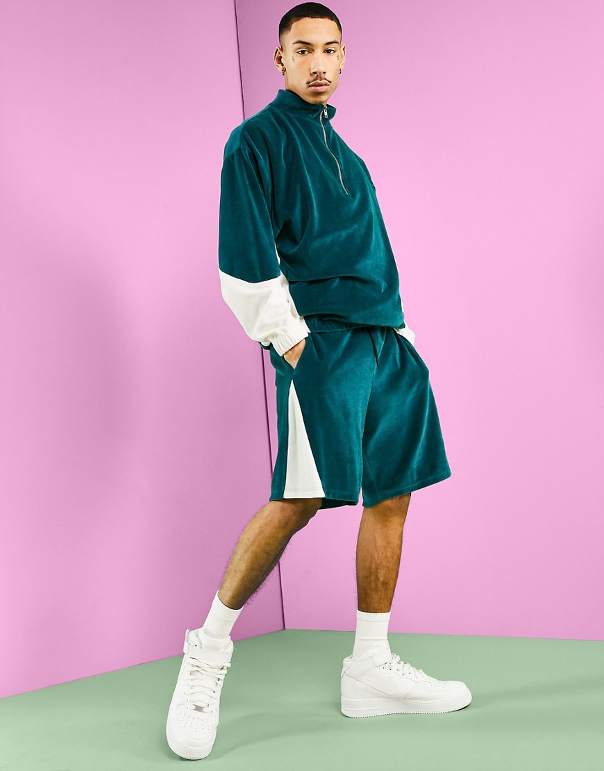 ASOS DESIGN oversized velour shorts in color block - part of a set-Green