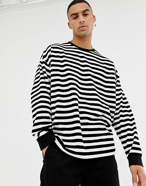 ASOS DESIGN oversized velour striped long sleeve t-shirt in black and white
