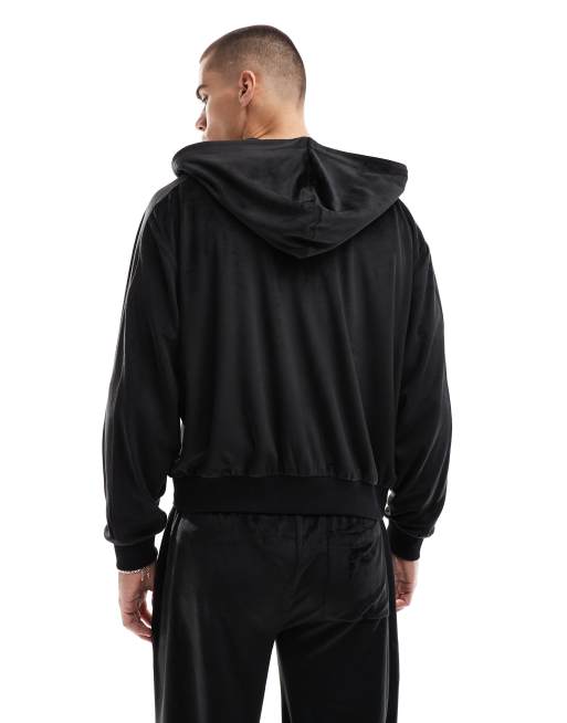 ASOS DESIGN oversized velour zip through hoodie in black (part of a set) , 2 of 4