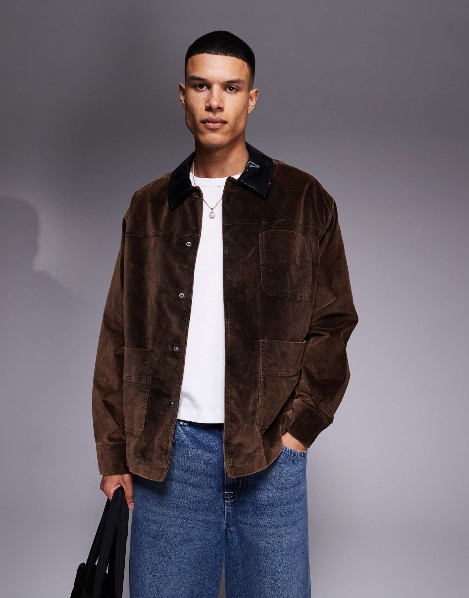 ДИЗАЙНЕРСКАЯ бархатная куртка harrington оверсайз от ASOS коричневого цвета с контрастным воротником