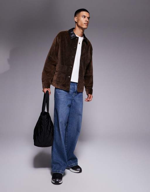 ASOS DESIGN oversized velvet look harrington jacket in brown with contrast collar ASOS