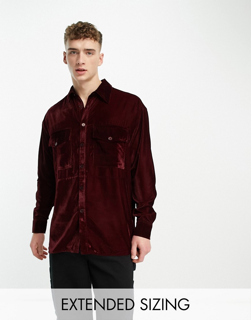 Asos Design Oversized Velvet Shirt In Burgundy With Double Pockets-red