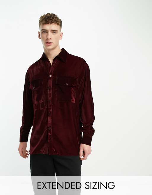 ASOS DESIGN oversized velvet shirt in burgundy with double pockets