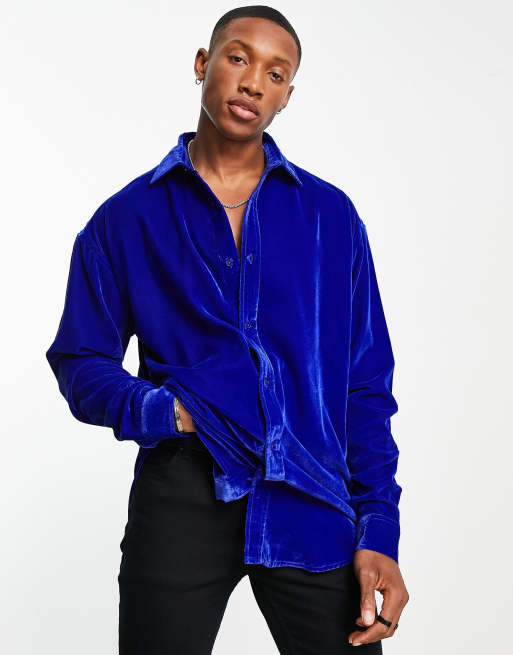 ASOS DESIGN oversized velvet shirt in cobalt blue