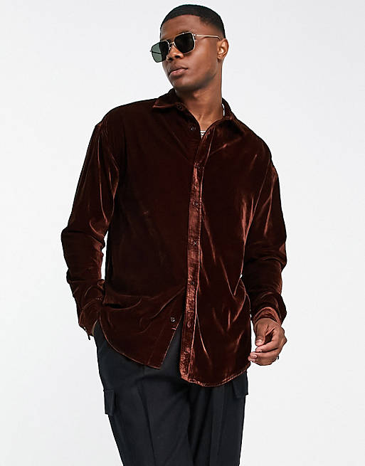 ASOS DESIGN oversized velvet shirt in dark brown | ASOS
