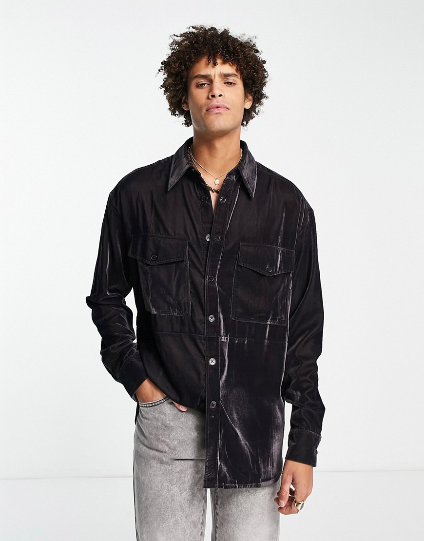 ASOS DESIGN oversized velvet shirt in slate with double pockets-Gray