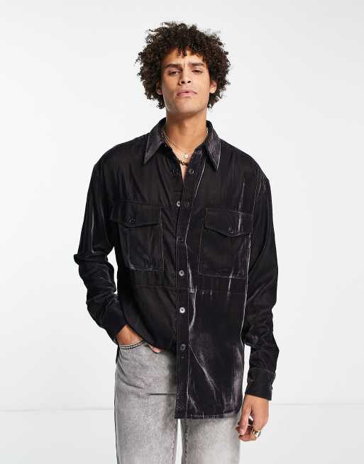 ASOS DESIGN oversized velvet shirt in slate with double pockets