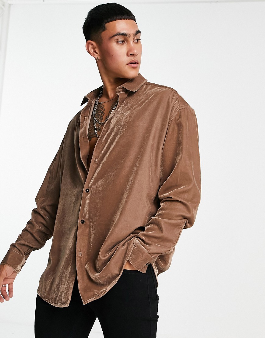 ASOS DESIGN oversized velvet shirt in taupe-Brown