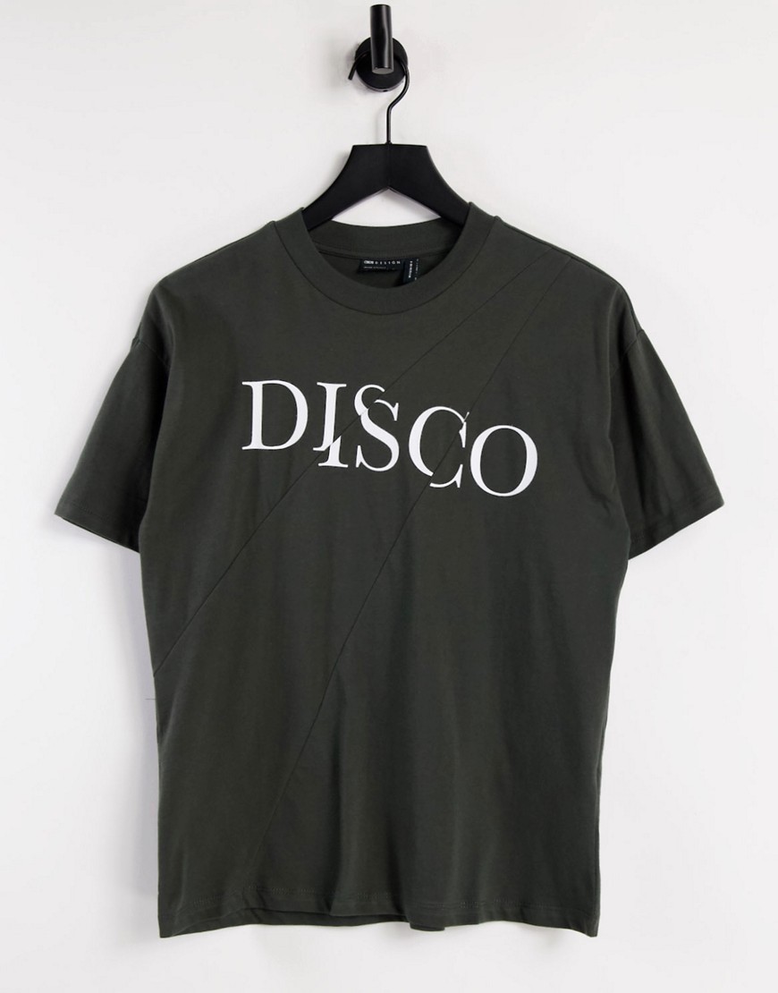 ASOS DESIGN - Oversized verknipt T-shirt met disco-print in zwart met wassing-Grijs