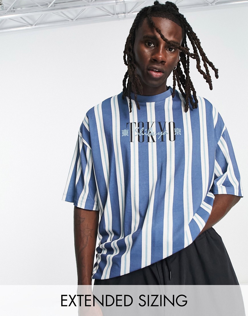 ASOS DESIGN oversized vertical stripe t-shirt in blue & white with Tokyo city chest print
