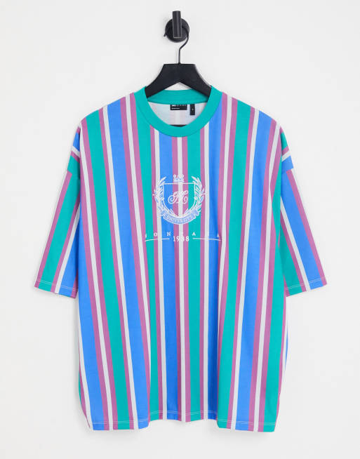 ASOS DESIGN oversized vertical stripe t-shirt in blue with varsity ...