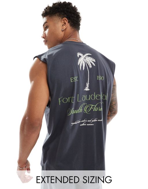 FhyzicsShops DESIGN oversized vest in charcoal with Fort Lauderdale back print