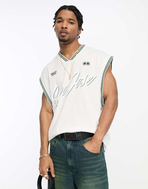 ASOS DESIGN oversized vest in ecru with collegiate back print