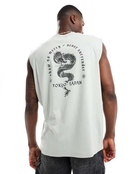 ASOS DESIGN oversized vest in grey with dragon souvenir back print - view 1