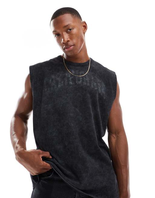 ASOS DESIGN oversized vest in heavyweight 220gsm washed black with print
