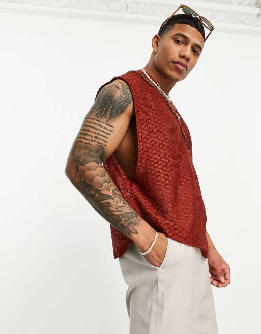 ASOS DESIGN oversized vest in rust crochet texture with v-neck | ASOS