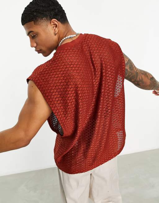 ASOS DESIGN oversized vest in rust crochet texture with v-neck | ASOS