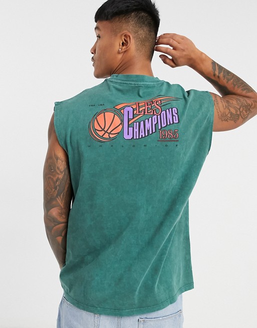 ASOS DESIGN oversized vest in washed green with sport back print