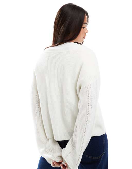 ASOS DESIGN - Oversized vest met verlaagde schouder in crème met gemengde steek, 4 van 4