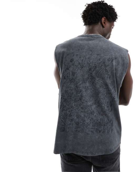 ASOS DESIGN - Oversized vest van 220g/m² zware stof met print in zwart met wassing